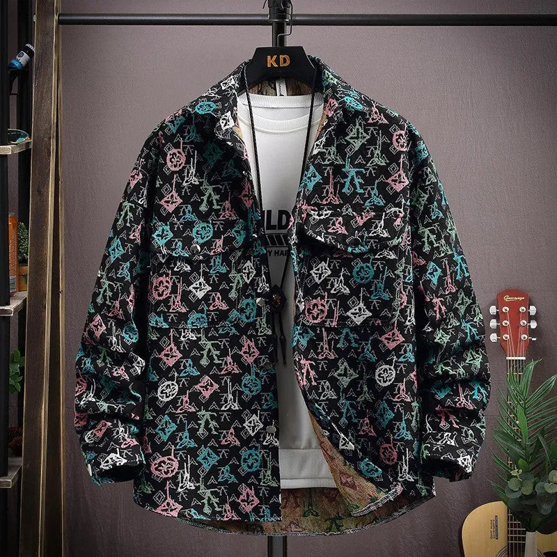Casual lapel shirt coat in blue with long sleeves and straight hem on a hanger