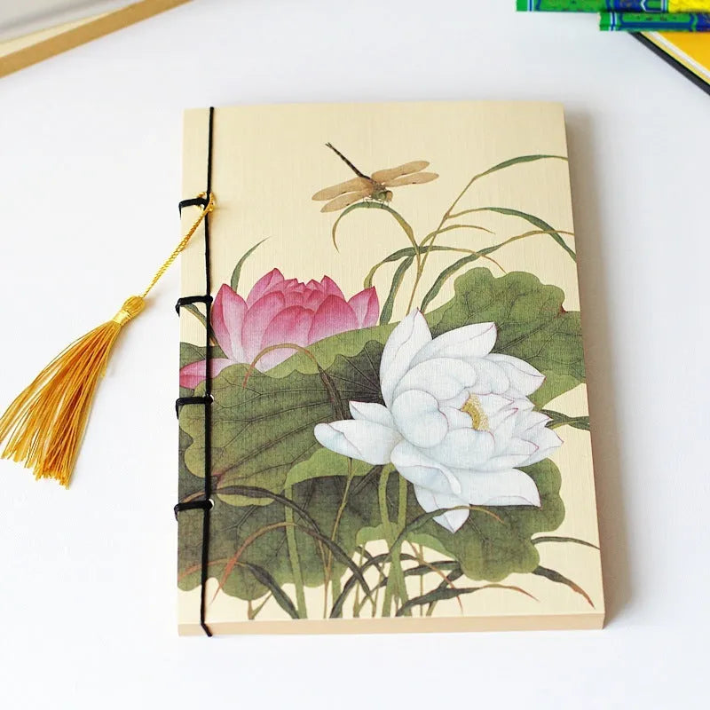 A5 antique wire-bound notebook with retro painting design on white cowhide cover