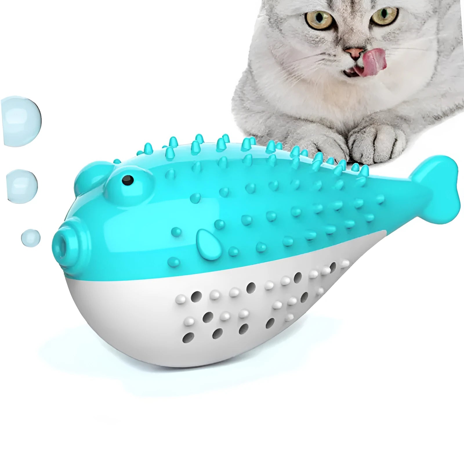 Blue silicone fish-shaped cat chew toy for dental cleaning and interactive play