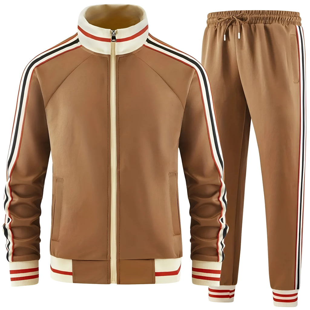 Mens khaki coloured polyester turtleneck zip cardigan and trousers casual suit set