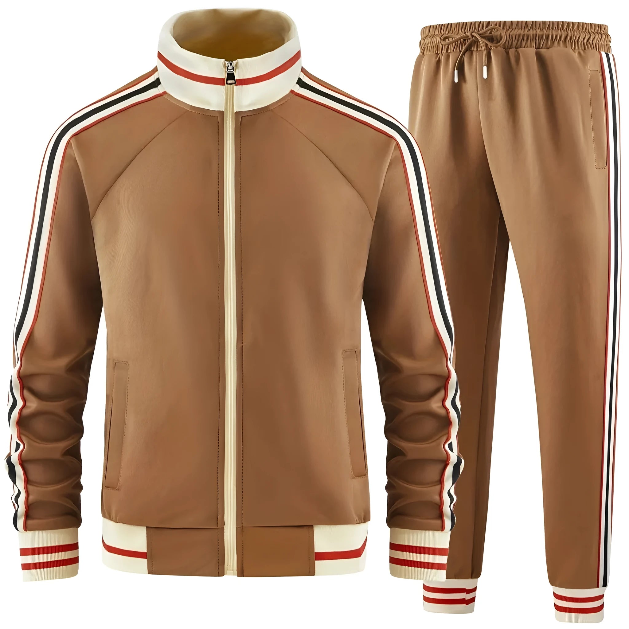 Mens khaki coloured polyester turtleneck zip cardigan and trousers casual suit set