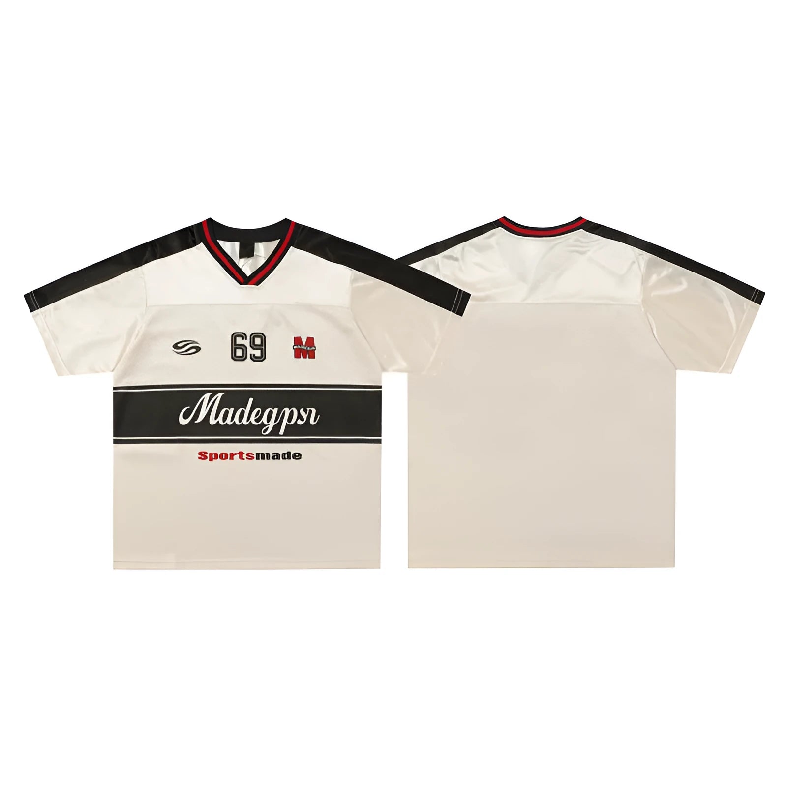 Apricot coloured loose-fit V-neck sports jersey top with short sleeves and a letters pattern.