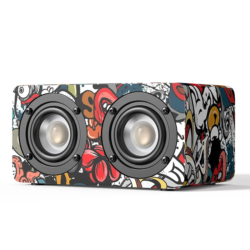 Mini portable Bluetooth speaker with wooden shell, dual speakers, and retro black finish