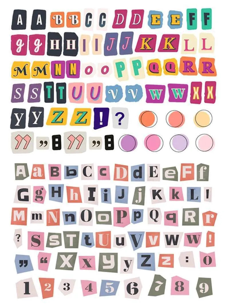 English letters and numbers label sticker set showing alphabet collections and week words in cute printed style