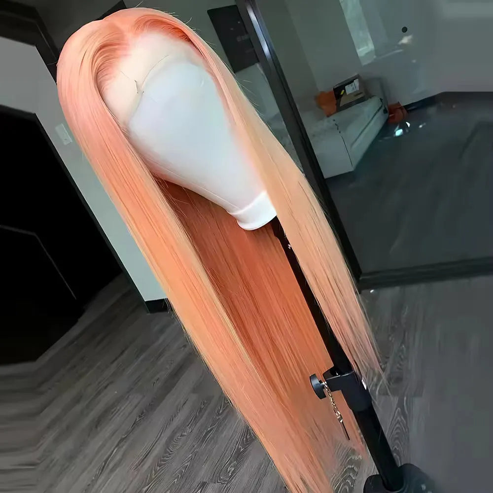 Light orange long straight front lace synthetic wig on a wig stand, showing side bangs.