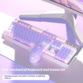 White and purple wired mechanical keyboard and mouse combo set with backlight on a desk.