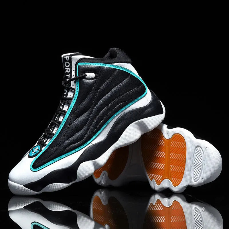 Men's high-top basketball shoes with mesh upper and thick rubber sole in AJ13 colour options