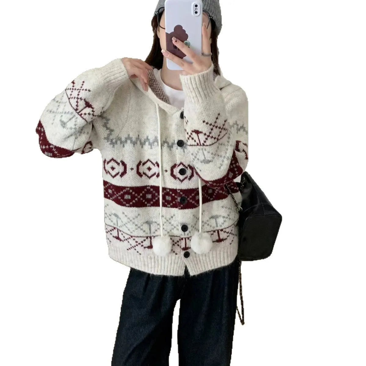 Women's plus size brocade geometric pattern acrylic sweater coat loose fit long sleeve
