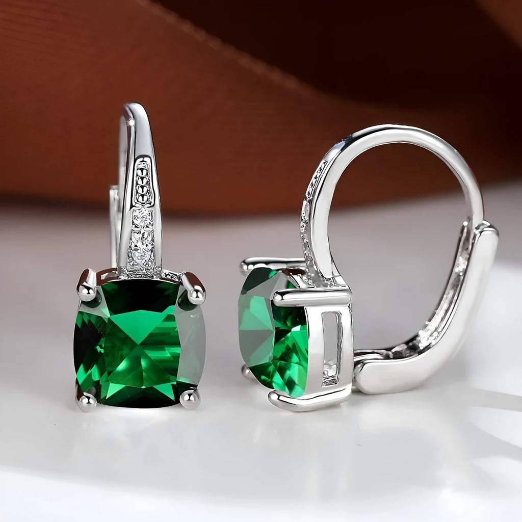 Square geometric zirconia ear hook earrings in a selection of gold, rose gold and platinum plated colours.