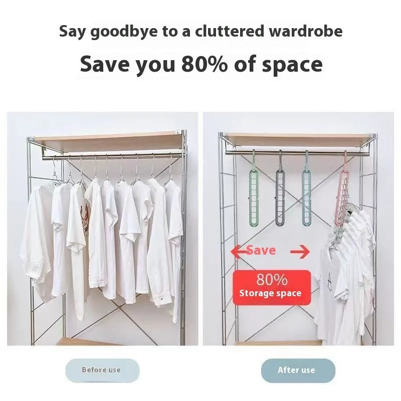 Green plastic nine-hole folding hanger for trousers shown in a dormitory wardrobe.