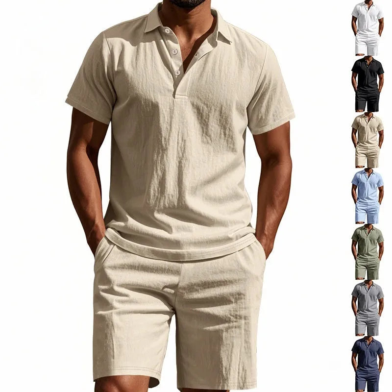 Men's loose-fit linen blend shorts suit in light blue for summer, showing short-sleeve shirt and matching shorts.