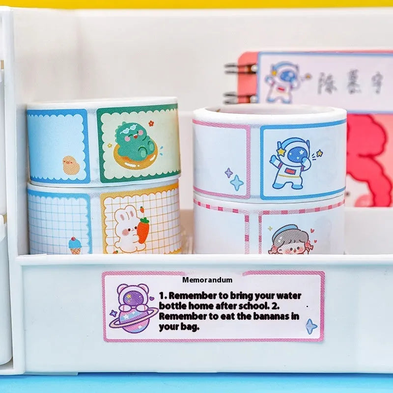 Roll of colourful cartoon stickers showing dinosaur, astronaut, rabbit, and girl design options for labelling.