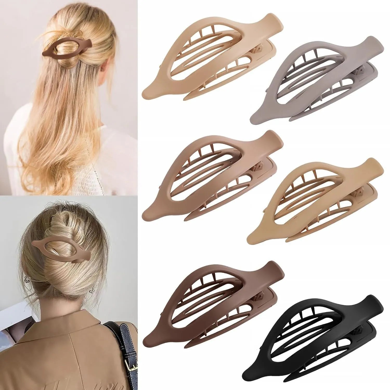 Set of six rose red nude coloured women's plastic hair clips with quadrilateral design on a white background.