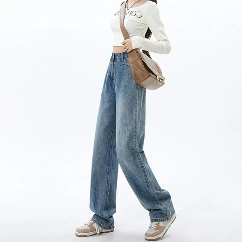 Retro blue women's wide leg jeans with high waist and straight leg styling