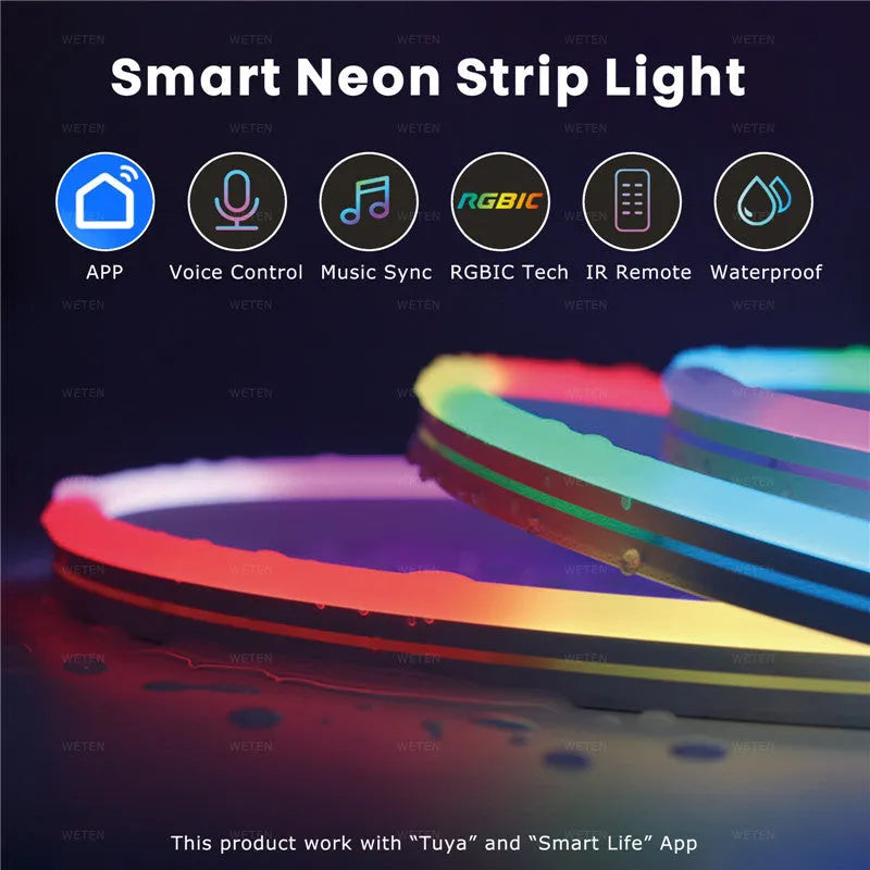 12V LED flexible neon light strip with full colour flowing light, app and voice control, 72 LEDs per metre