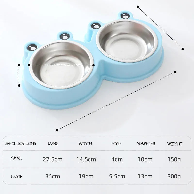 Stainless steel pet double bowl with frog water reservoir in blue, green or pink colours