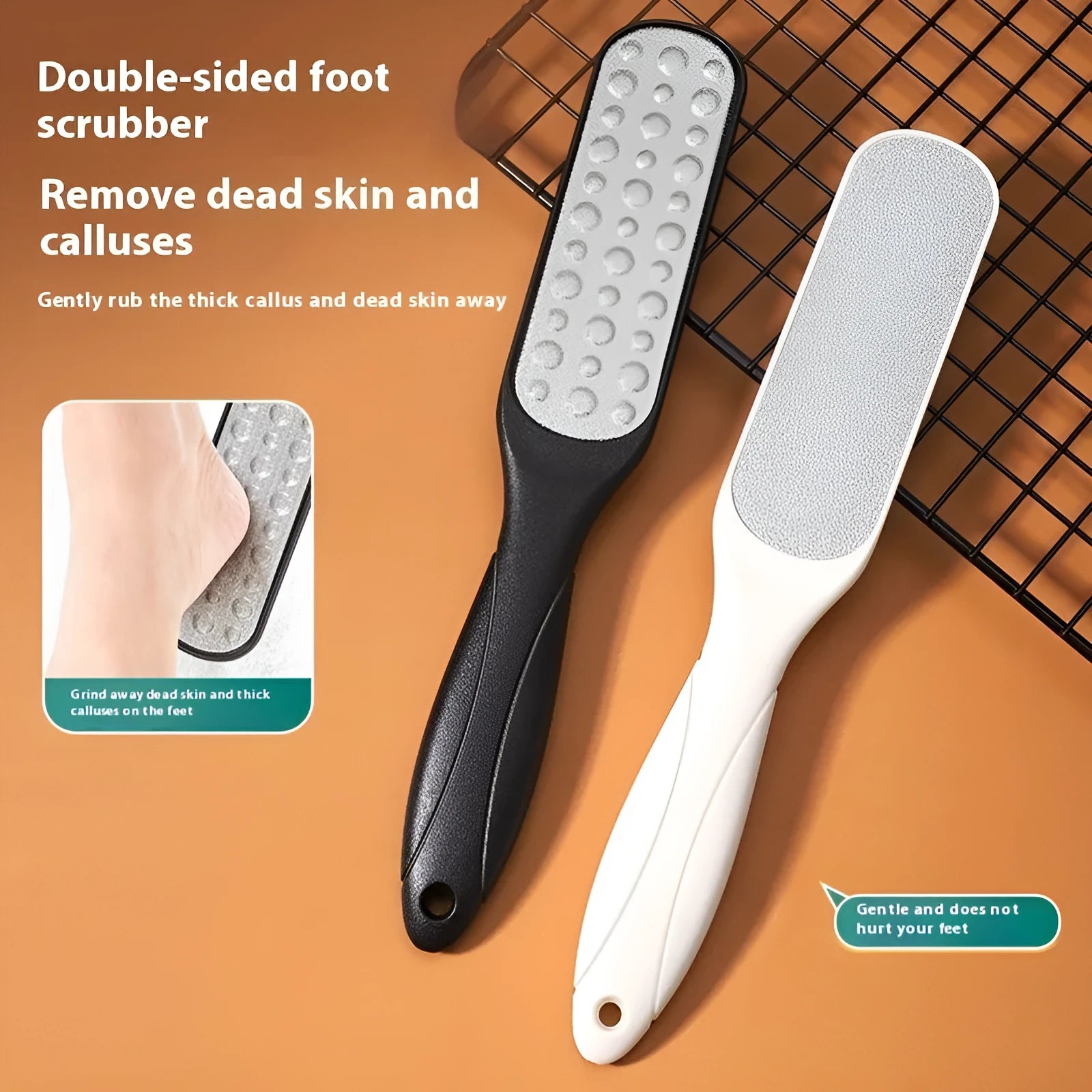 Stainless steel foot grinder tool with double-sided sandpaper files in white and black OPP bags