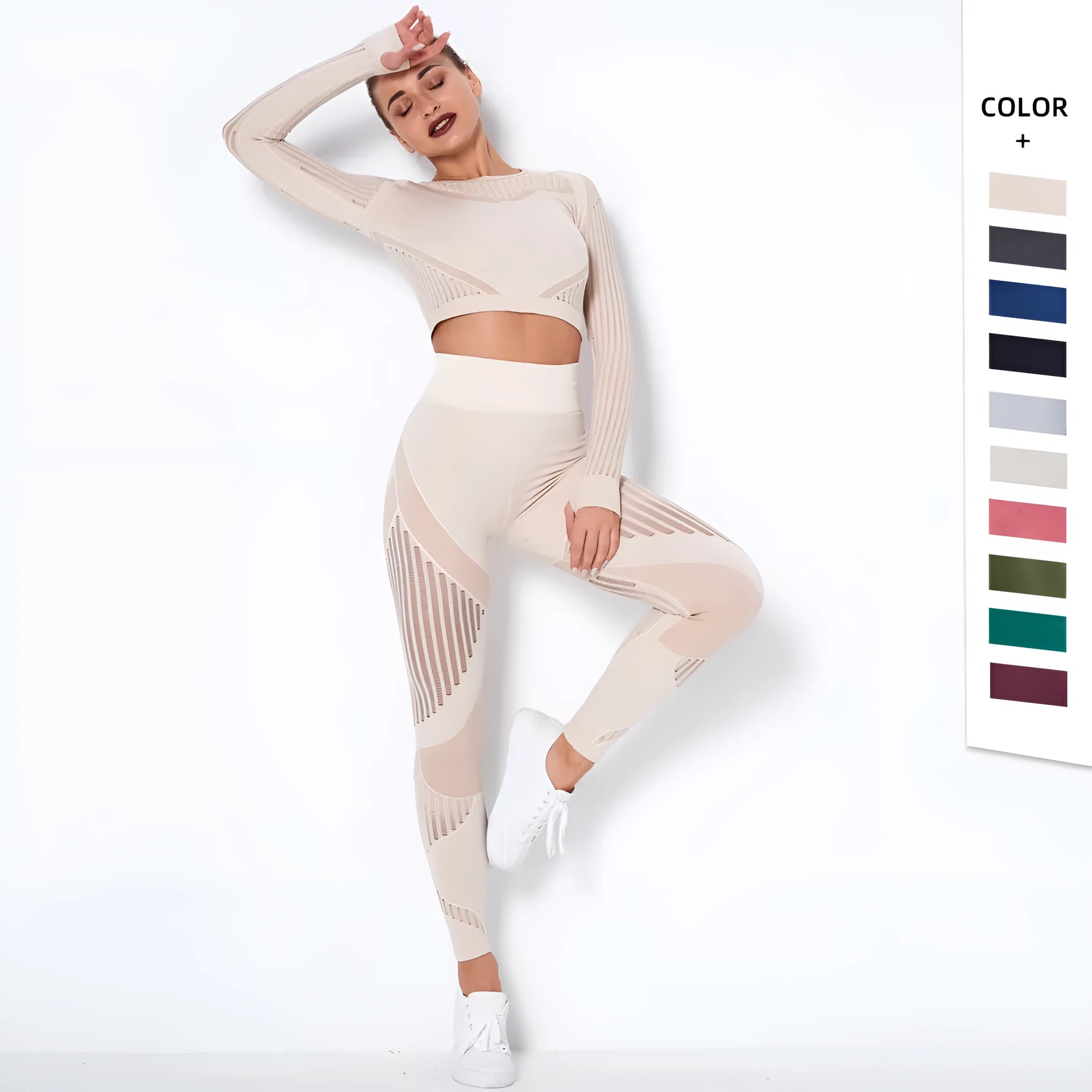 Women's black seamless knitted long-sleeved yoga wearsuit with stripe pattern, shown in a yoga pose.