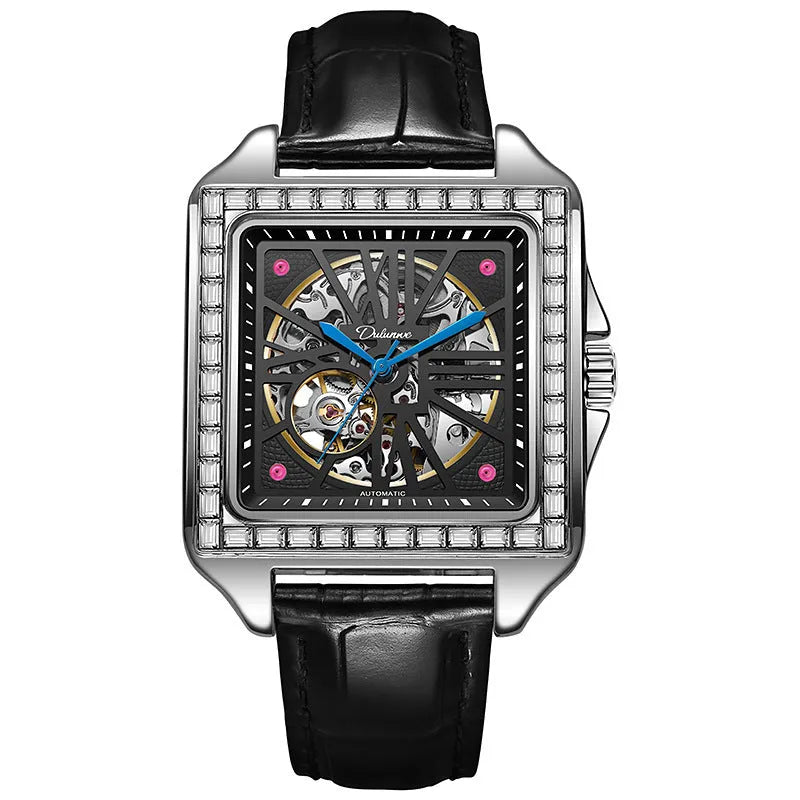 Men's square automatic watch with a diamond-studded dial on a black steel bracelet.