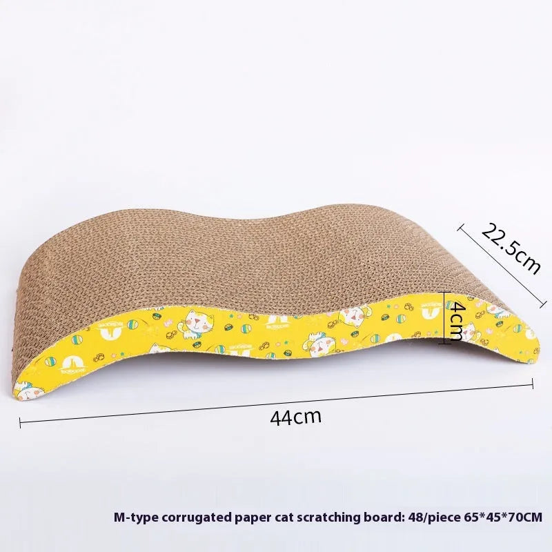 Wall-mounted cat scratch board in decorative shape made from corrugated paper with leather hanging tab