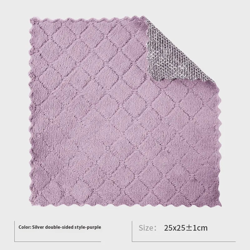 Microfiber kitchen cleaning cloth for pots and bowls in silver wire or composite construction
