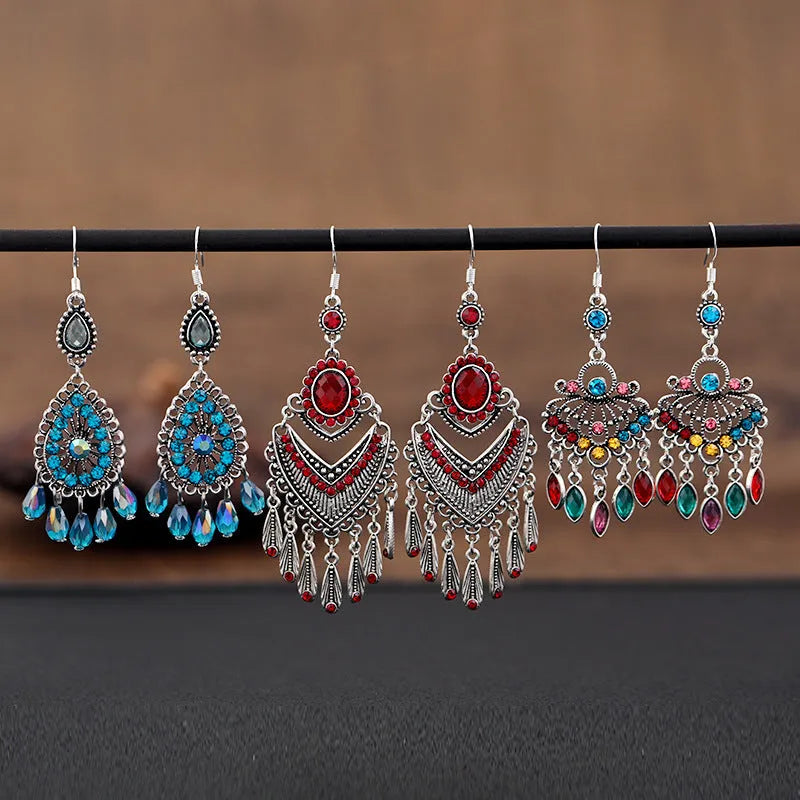 Purple retro drop earrings with long crystal fringe ethnic style jewellery