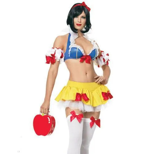 Anime Snow White costume set with headdress, top, short skirt, and hand sleeves on a hanger.