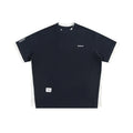 Retro alphabet embroidered loose waffle knit short-sleeved t-shirt in navy blue.