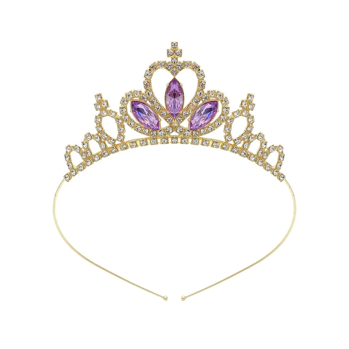 Girl's electroplated alloy princess crown headdress in gold and silver colour variations with gemstone-effect finishes.