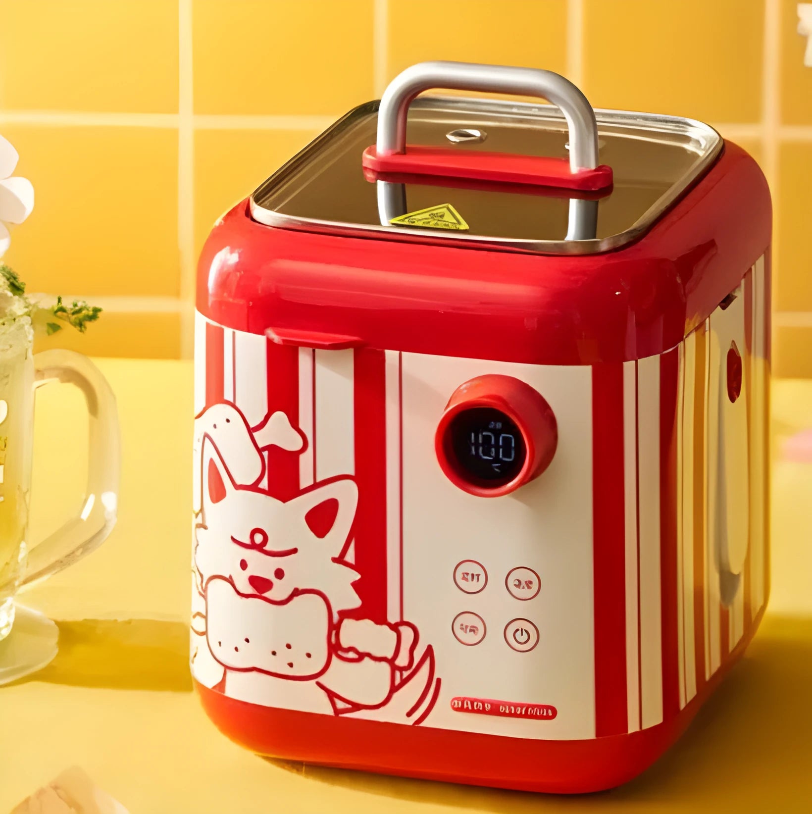 Mini smart electric cooker with ceramic inner pot, black microcrystalline panel and LCD display on countertop