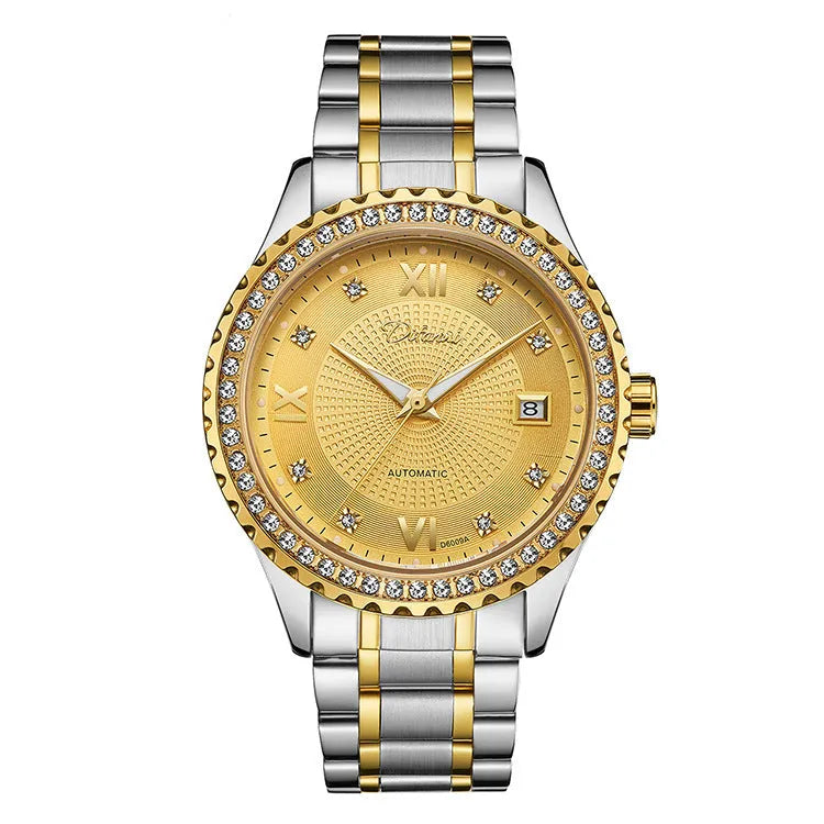 Fashionmonger automatic mechanical watch with luminous hands on wrist showing gold case and black dial