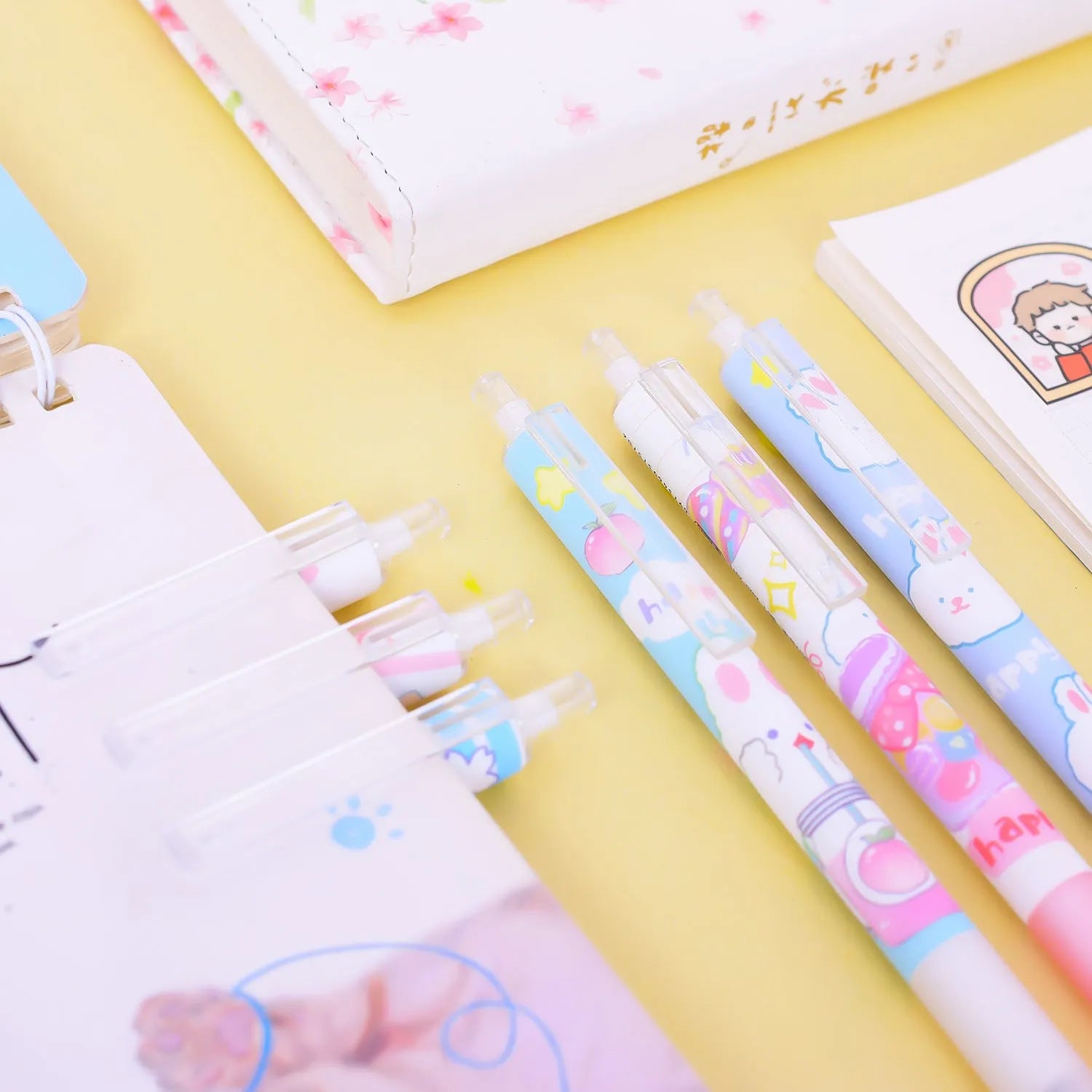 Six cartoon bunny design black pens with 0.5mm tips in packaging