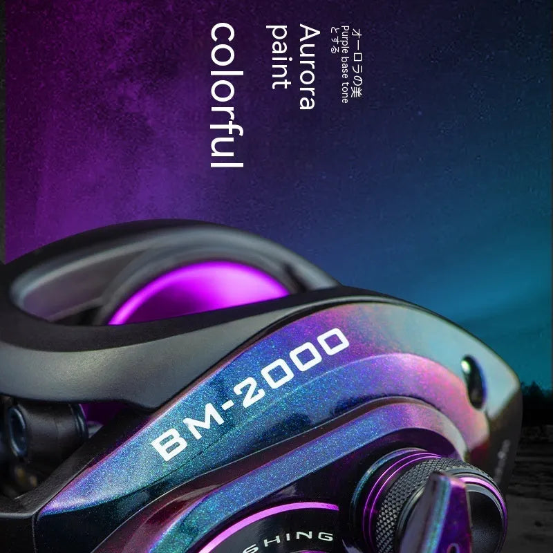 BM2000 fishing reel with colourful water drop design and magnetic brake system