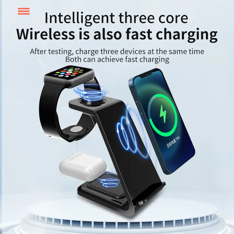 White upright wireless phone charger with dual-coil design and QC3.0 support on a desk.