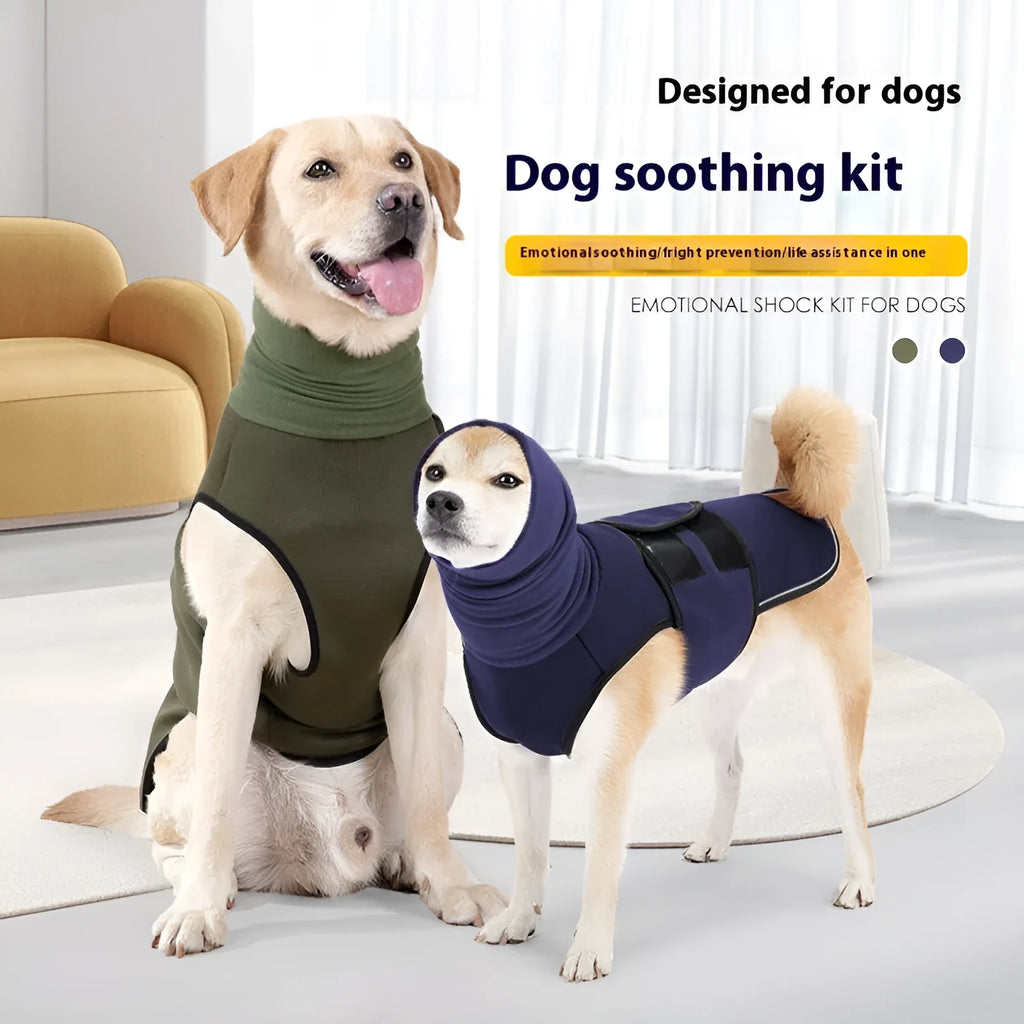 Army green polyester dog anti-anxiety calming jacket shown on a medium-sized dog.