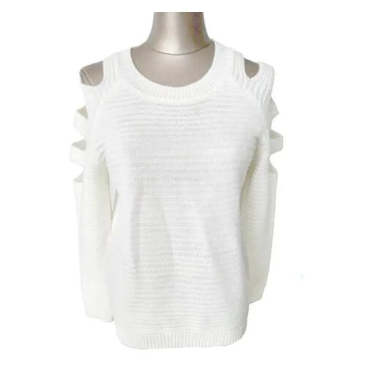 Women's white crocheted hollow-out long-sleeved pullover shirt with round neckline