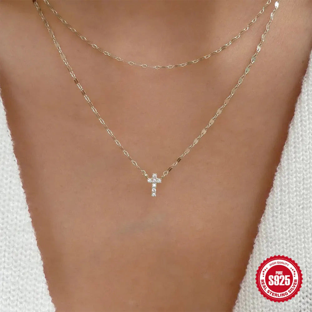 S925 sterling silver double layer cross pendant necklace with diamond treatment in gold colour