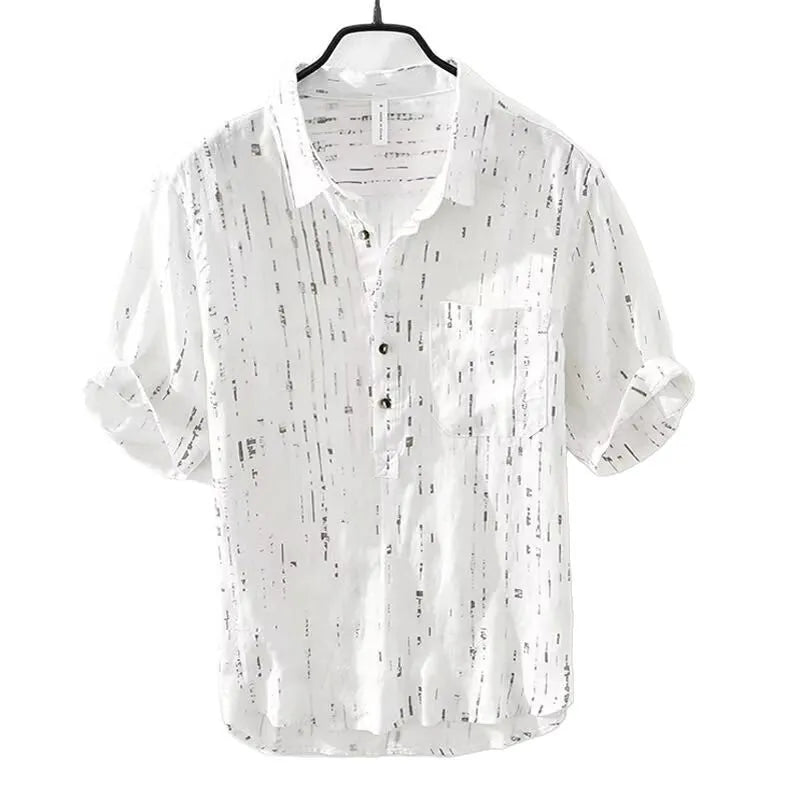 Men's black loose fit short-sleeved polo shirt showing cardigan style and thin fabric