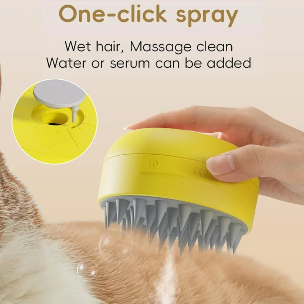 Rechargeable green and yellow silicone steam brush for cat and dog grooming.