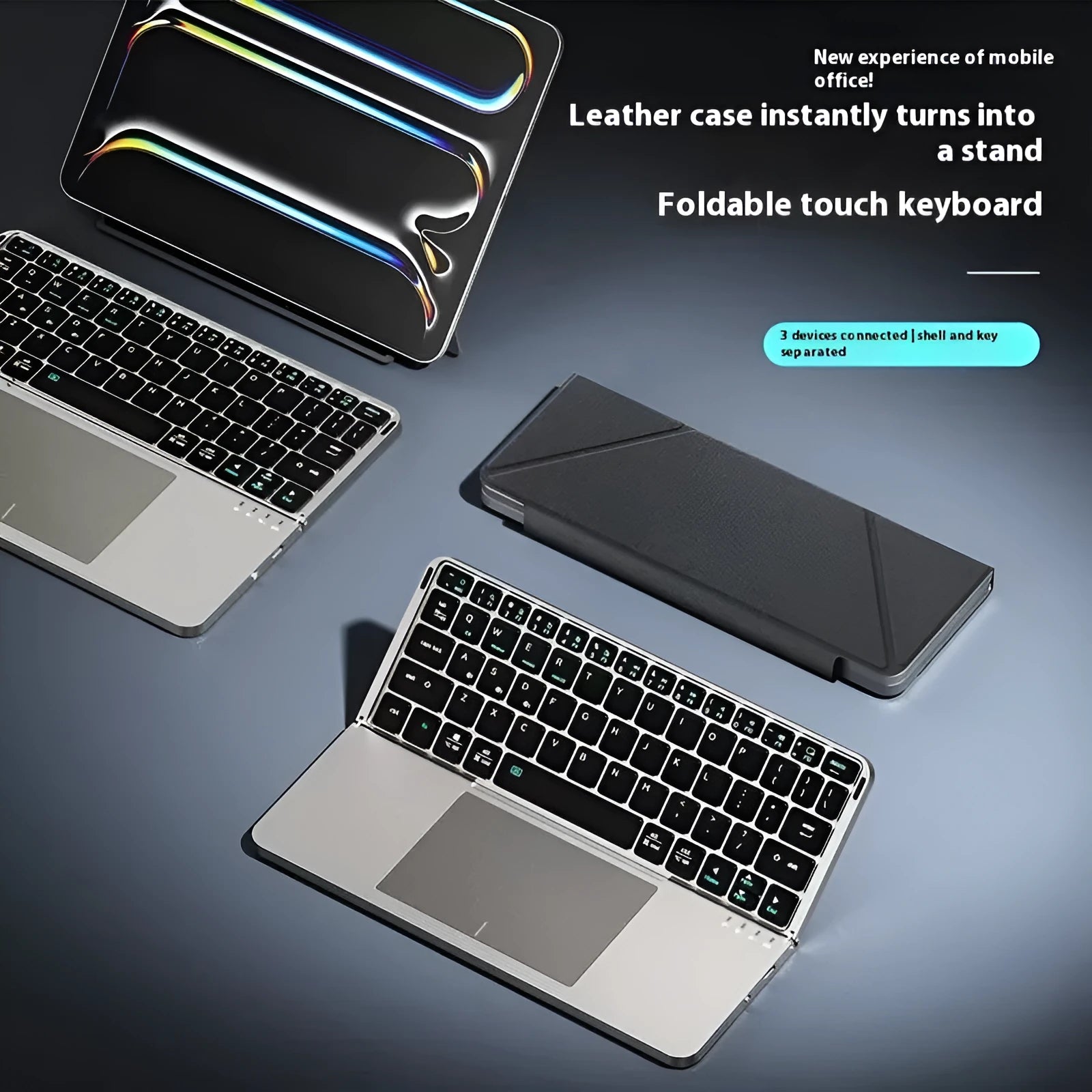 Grey wireless Bluetooth folding keyboard for mobile phones and tablets with colour box packaging