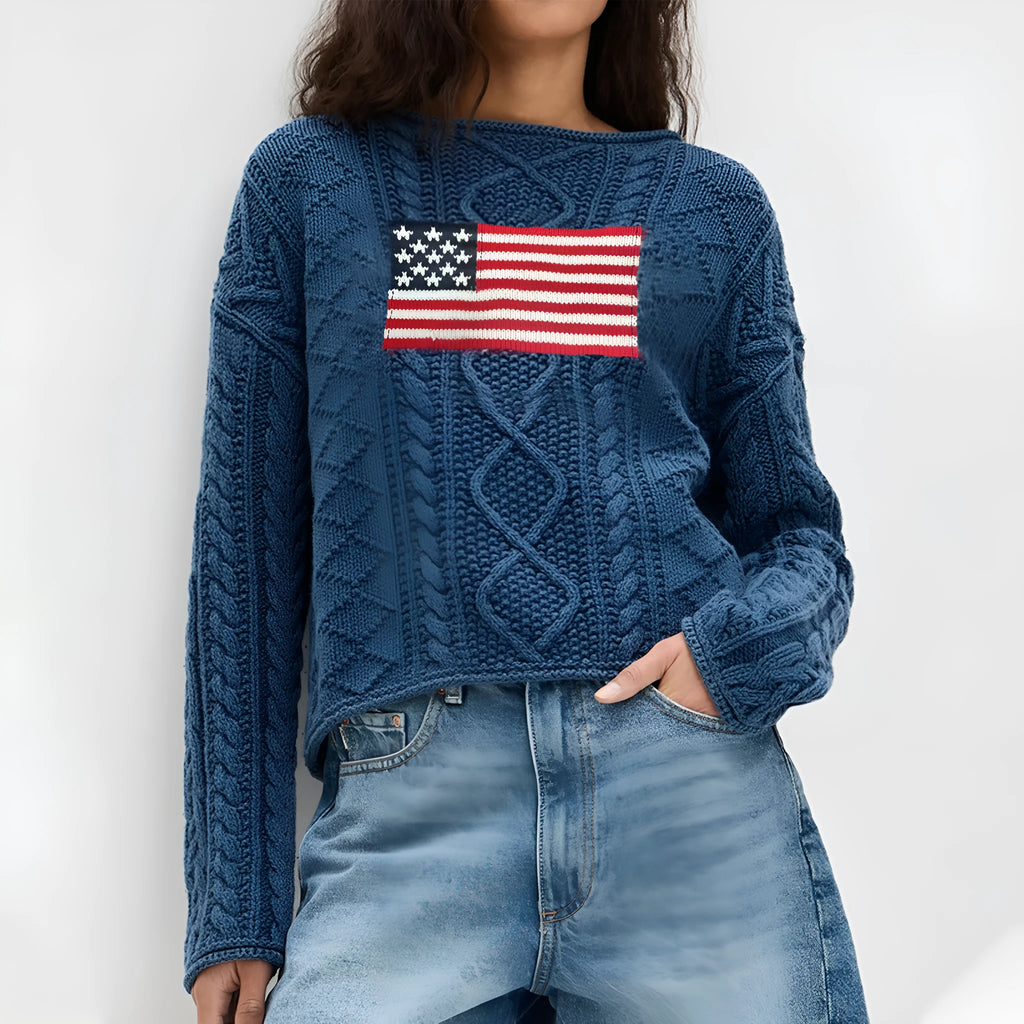 Women's navy blue acrylic fibre pullover top with national flag pattern, long sleeves, front view