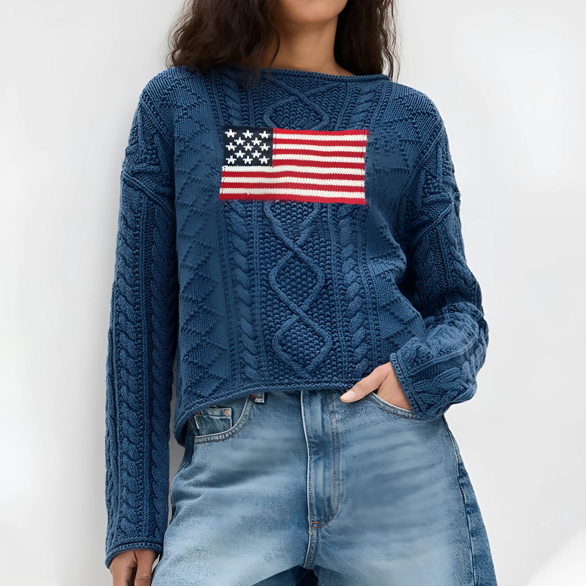Women's navy blue acrylic fibre pullover top with national flag pattern, long sleeves, front view
