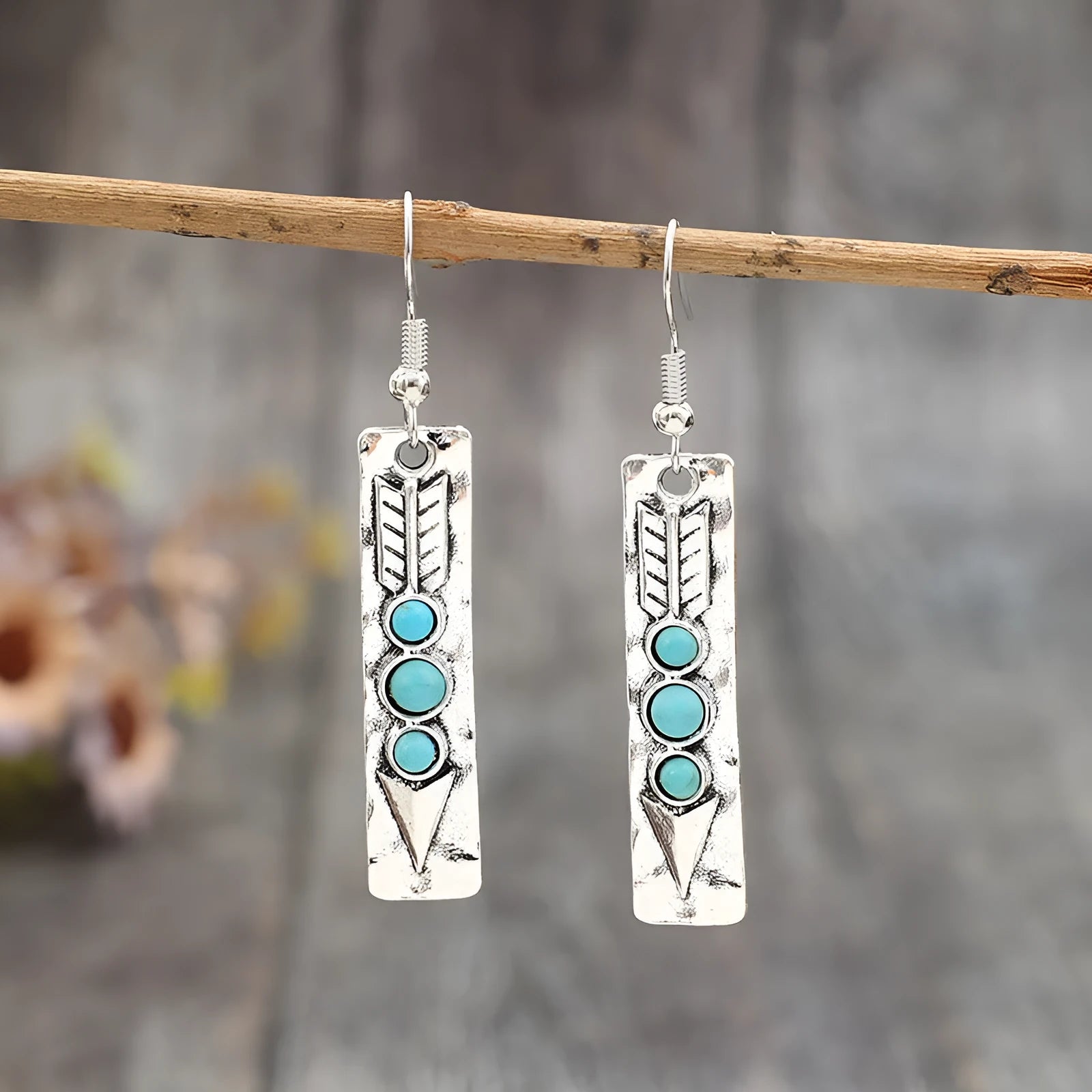 Silver geometric long strip earrings with turquoise stone inlays on zinc alloy base