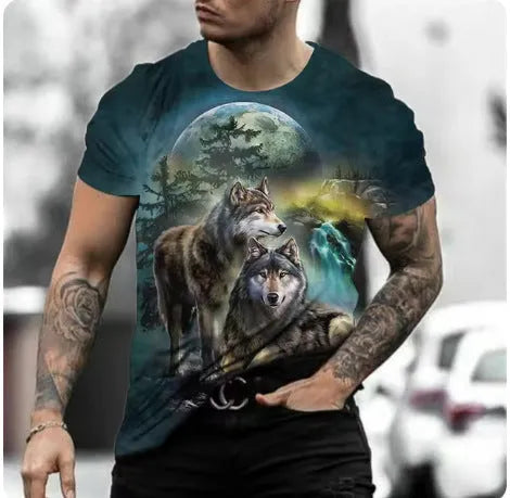 Retro 3D animal print on a men's short-sleeved light blue polyester t-shirt laid flat.