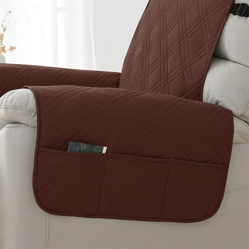 Waterproof quilted sofa cover for a Chivas massage chair in a dark coffee colour.