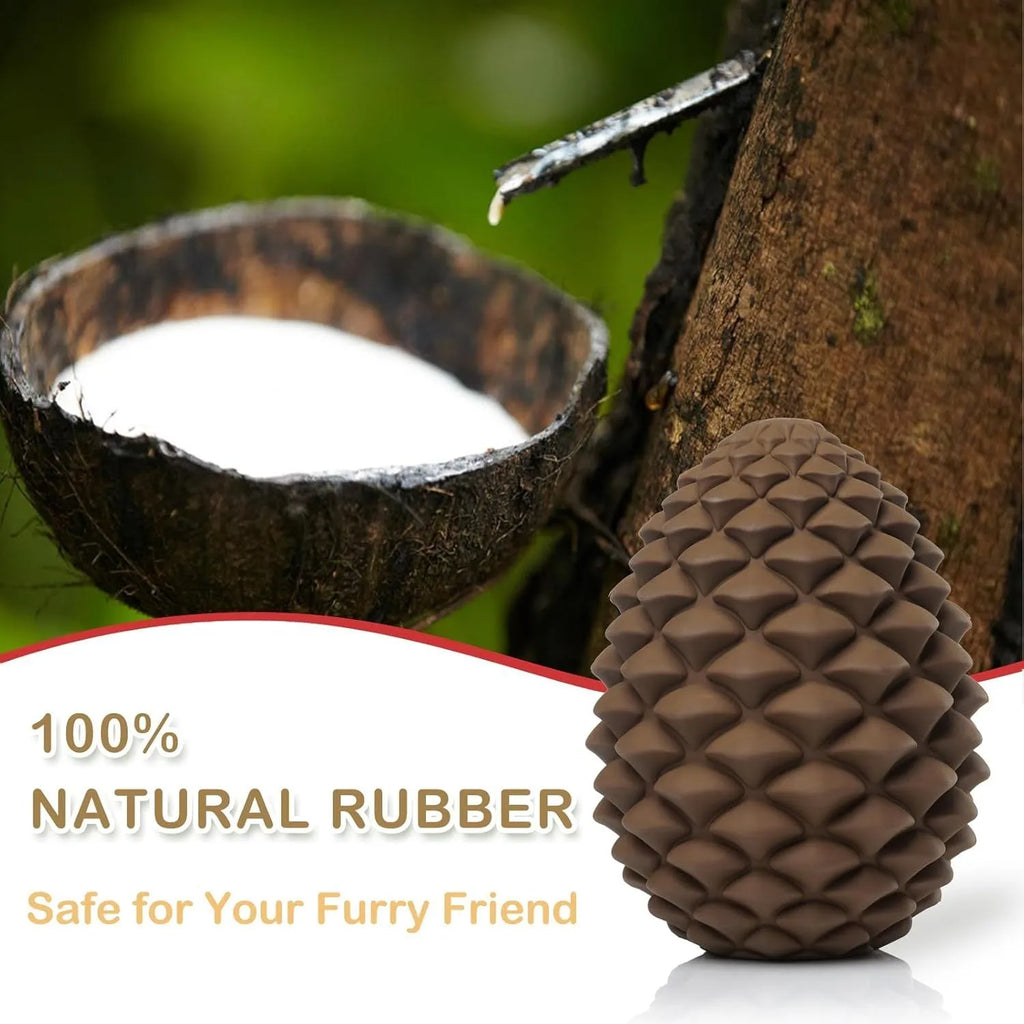 Yellow pine cone-shaped natural rubber dog toy with treat dispenser for medium and large dogs