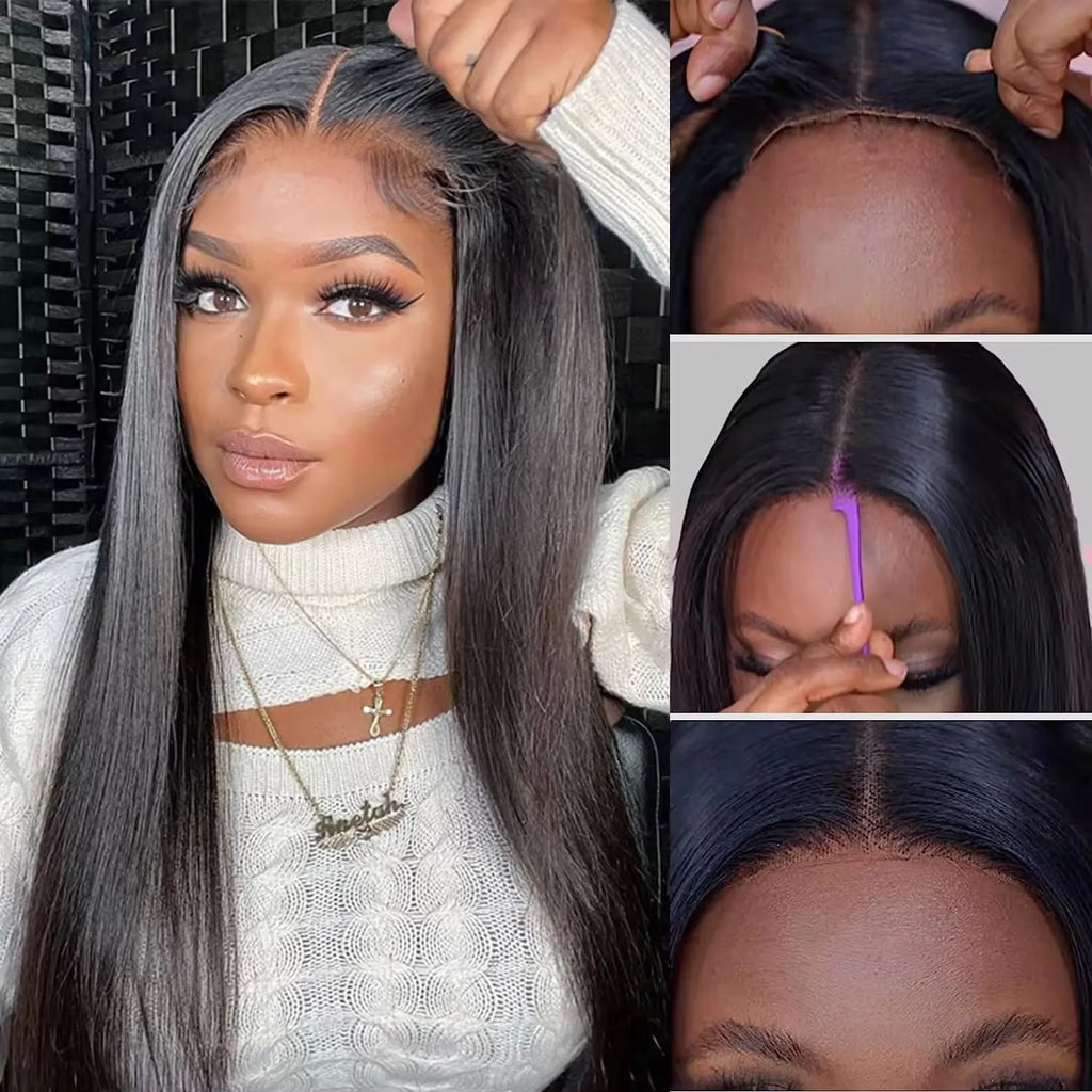 Human hair straight wig with glueless application and side bangs in natural style