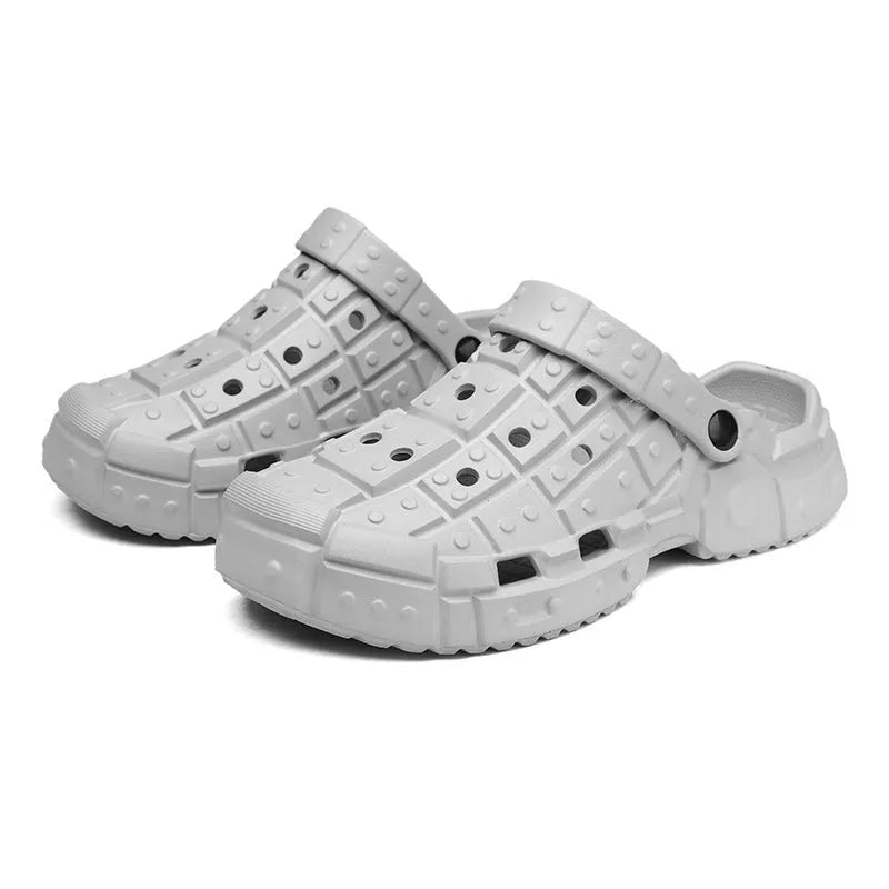 Men's sand-coloured EVA slippers with a thick sole and toe holder design on a plain background.