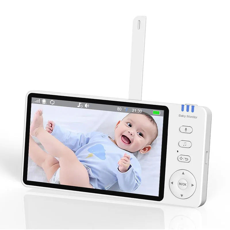 White HD wireless baby monitor with 5-inch screen on a nursery shelf.