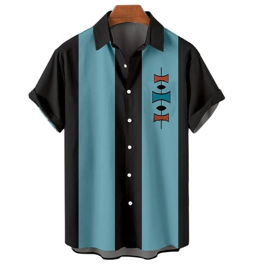 Men's striped Hawaiian shirt with short sleeves and button-up front
